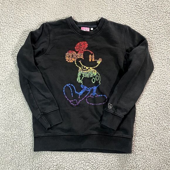 Disney Mickey Mouse Rainbow Sweatshirt Women's Pullover Crew Neck Black Small - Picture 1 of 8